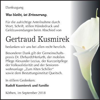 Traueranzeige von Gertraud Kusmirek von Mitteldeutsche Zeitung Köthen