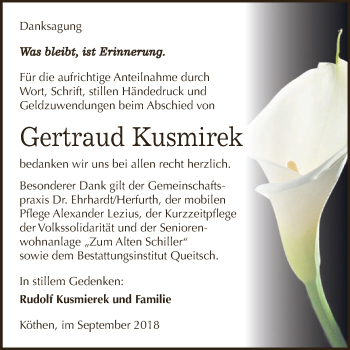 Traueranzeige von Gertraud Kusmirek von WVG - Wochenspiegel Dessau / Köthen