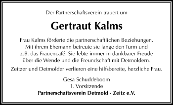 Traueranzeige von Gertraut Kalms von Mitteldeutsche Zeitung Zeitz