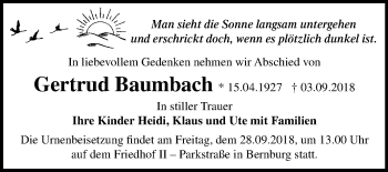 Traueranzeige von Gertrud Baumbach von Mitteldeutsche Zeitung Bernburg