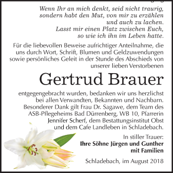 Traueranzeige von Gertrud Brauer von Mitteldeutsche Zeitung Merseburg/Querfurt
