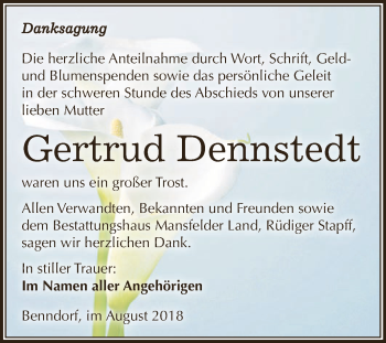 Traueranzeige von Gertrud Dennstedt von Super Sonntag SGH Mansf. Land