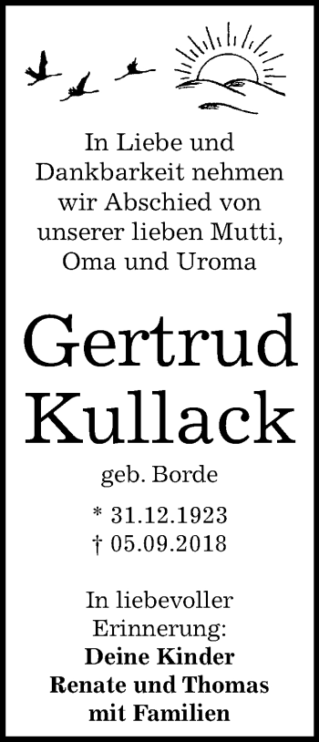Traueranzeige von Gertrud Kullack von Mitteldeutsche Zeitung Dessau-Roßlau