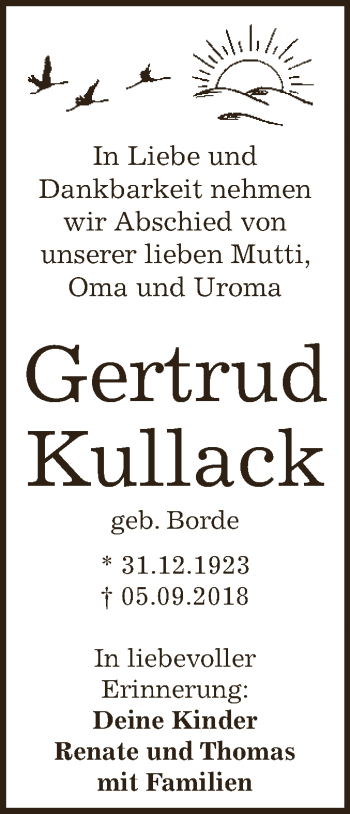 Traueranzeige von Gertrud Kullack von WVG - Wochenspiegel Dessau / Köthen