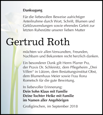 Traueranzeige von Gertrud Roth von WVG - Wochenspiegel Merseburg