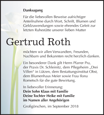 Traueranzeige von Gertrud Roth von Mitteldeutsche Zeitung Weißenfels