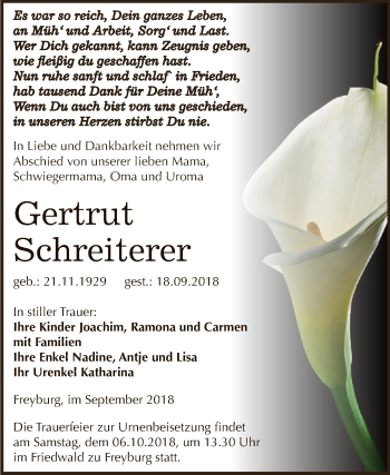 Traueranzeige von Gertrut Schreiterer von WVG - Wochenspiegel NMB / WSF / ZTZ