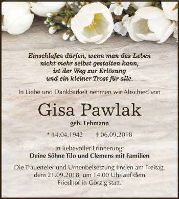 Traueranzeige von Gisa Pawlak von WVG - Wochenspiegel Dessau / Köthen