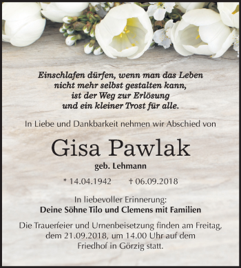 Traueranzeige von Gisa Pawlak von Mitteldeutsche Zeitung Köthen