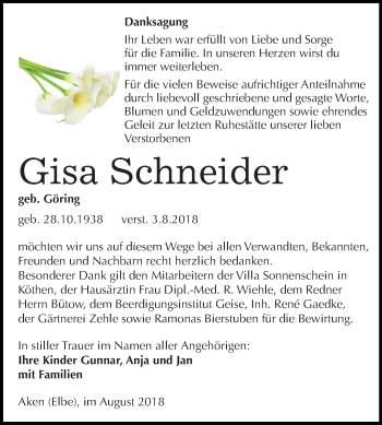 Traueranzeige von Gisa Schneider von Mitteldeutsche Zeitung Köthen