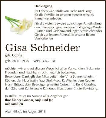 Traueranzeige von Gisa Schneider von WVG - Wochenspiegel Dessau / Köthen