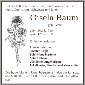Traueranzeige von Gisela Baum von WVG - Wochenspiegel Dessau / Köthen