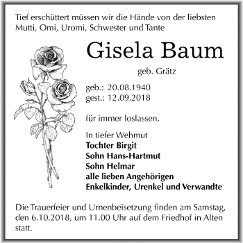 Traueranzeige von Gisela Baum von Mitteldeutsche Zeitung Dessau-Roßlau