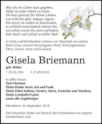 Traueranzeige von Gisela Briemann von Mitteldeutsche Zeitung Sangerhausen