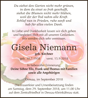 Traueranzeige von Gisela Niemann von WVG - Wochenspiegel Dessau / Köthen
