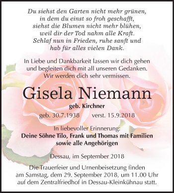 Traueranzeige von Gisela Niemann von Mitteldeutsche Zeitung Dessau-Roßlau
