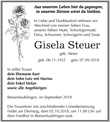 Traueranzeige von Gisela Steuer von Mitteldeutsche Zeitung Bernburg