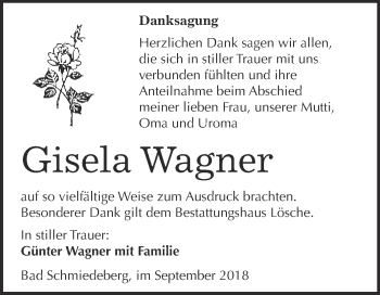Traueranzeige von Gisela Wagner von WVG - Wochenspiegel Wittenberg