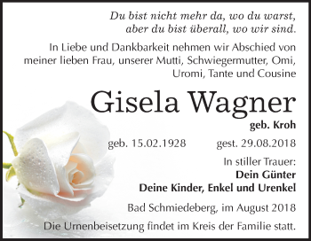 Traueranzeige von Gisela Wagner von Mitteldeutsche Zeitung
