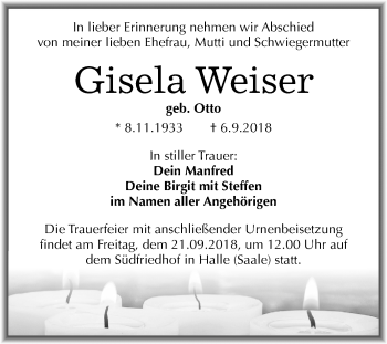 Traueranzeige von Gisela Weiser von Mitteldeutsche Zeitung Halle/Saalkreis