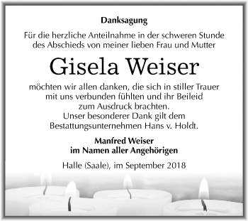 Traueranzeige von Gisela Weiser von Mitteldeutsche Zeitung Halle/Saalkreis