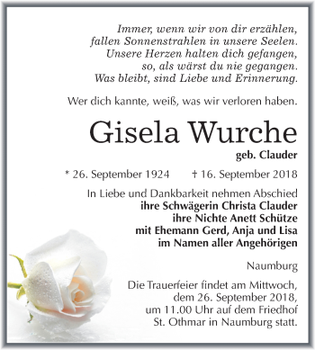 Traueranzeige von Gisela Wurche von Mitteldeutsche Zeitung