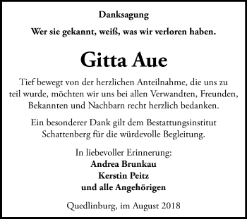 Traueranzeige von Gitta Aue von Mitteldeutsche Zeitung Quedlinburg