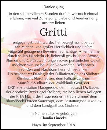 Traueranzeige von Gritti  von Mitteldeutsche Zeitung