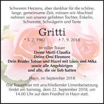Traueranzeige von Gritti  von Mitteldeutsche Zeitung Sangerhausen