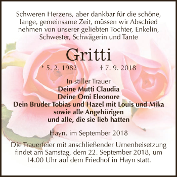 Traueranzeige von Gritti  von Super Sonntag SGH Mansf. Land