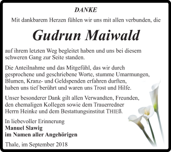 Traueranzeige von Gudrun Maiwald von Mitteldeutsche Zeitung Quedlinburg