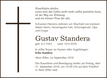 Traueranzeige von Gustav Standera von WVG - Wochenspiegel Dessau / Köthen