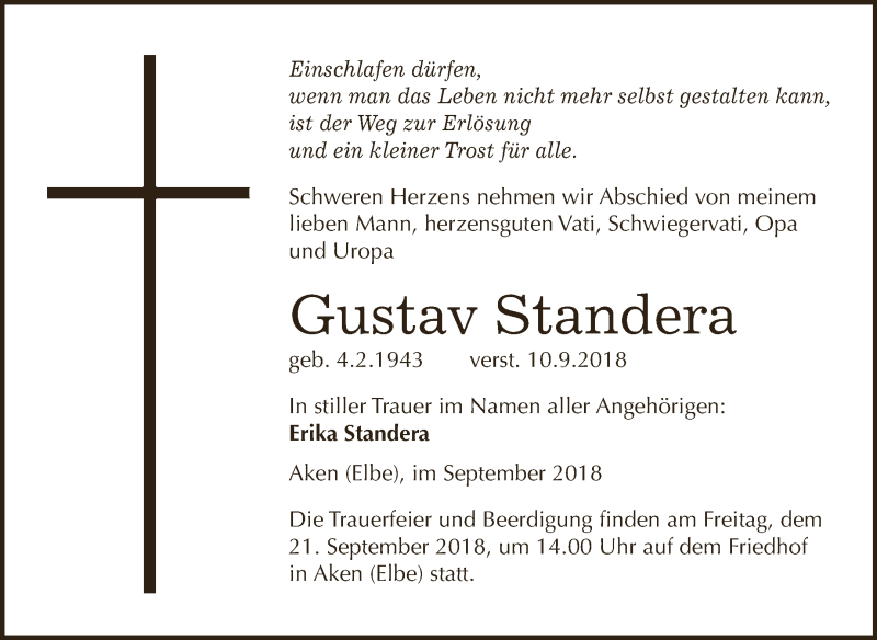  Traueranzeige für Gustav Standera vom 15.09.2018 aus WVG - Wochenspiegel Dessau / Köthen