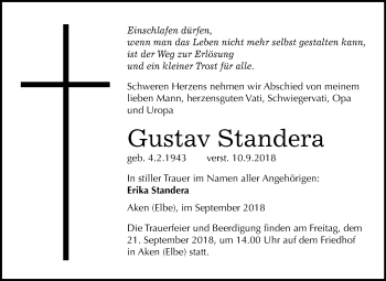 Traueranzeige von Gustav Standera von Mitteldeutsche Zeitung Köthen