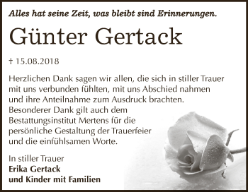 Traueranzeige von Günter Gertack von WVG - Wochenspiegel NMB / WSF / ZTZ