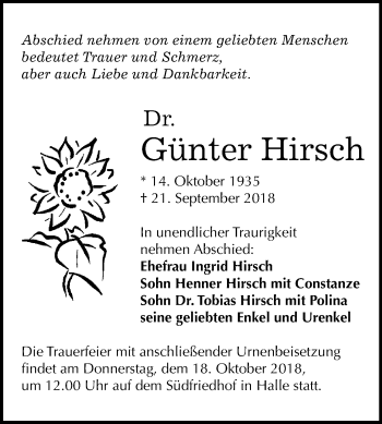 Traueranzeige von Günter Hirsch von Mitteldeutsche Zeitung Halle/Saalkreis