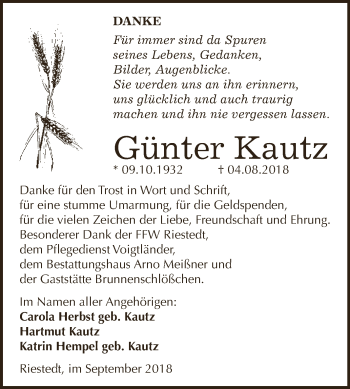 Traueranzeige von Günter Kautz von Super Sonntag SGH Mansf. Land