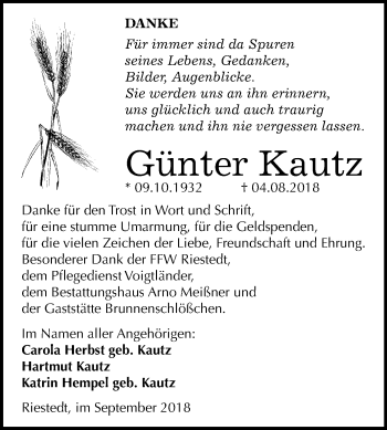 Traueranzeige von Günter Kautz von Mitteldeutsche Zeitung