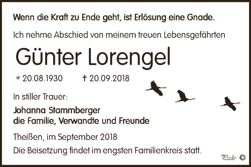  Traueranzeige für Günter Lorengel vom 29.09.2018 aus Super Sonntag Zeitz