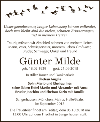 Traueranzeige von Günter Milde von Super Sonntag SGH Mansf. Land