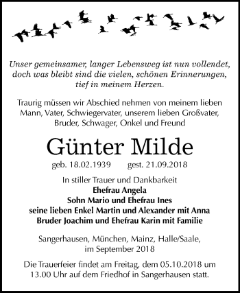 Traueranzeige von Günter Milde von Mitteldeutsche Zeitung