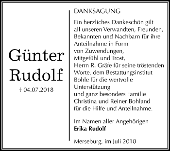 Traueranzeige von Günter Rudolf von Mitteldeutsche Zeitung Merseburg/Querfurt