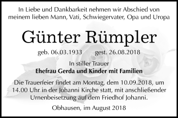 Traueranzeige von Günter Rümpler von Mitteldeutsche Zeitung Merseburg/Querfurt