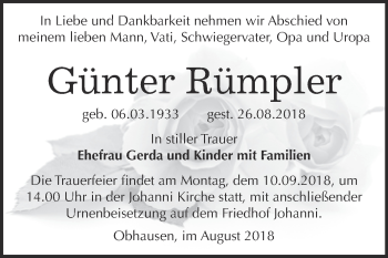 Traueranzeige von Günter Rümpler von WVG - Wochenspiegel Merseburg