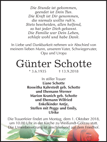 Traueranzeige von Günter Schotte von Mitteldeutsche Zeitung Köthen