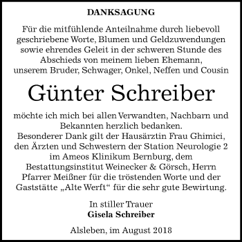 Traueranzeige von Günter Schreiber von Mitteldeutsche Zeitung Bernburg