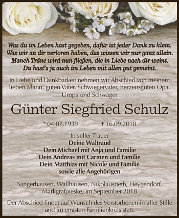 Traueranzeige von Günter Siegfried Schulz von Super Sonntag SGH Mansf. Land