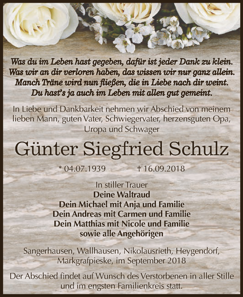  Traueranzeige für Günter Siegfried Schulz vom 22.09.2018 aus Super Sonntag SGH Mansf. Land