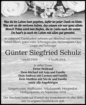 Traueranzeige von Günter Siegfried Schulz von Mitteldeutsche Zeitung Sangerhausen