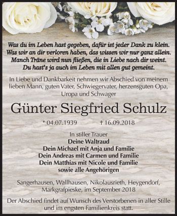 Traueranzeige von Günter Siegfried Schulz von Mitteldeutsche Zeitung Sangerhausen
